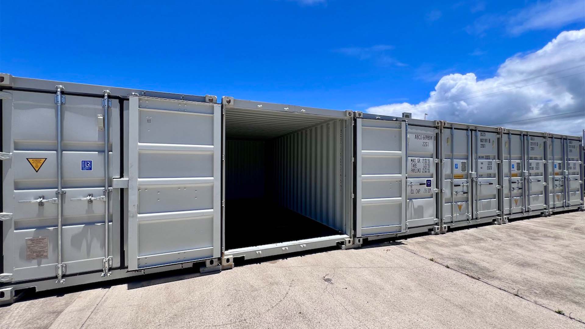 row of 7 day access containers for hire